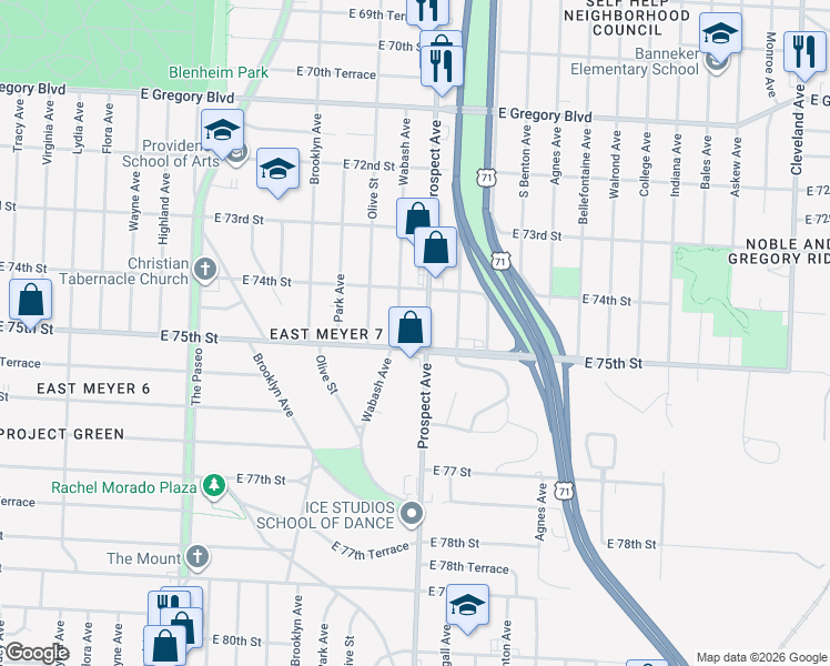 map of restaurants, bars, coffee shops, grocery stores, and more near 7434 Prospect Avenue in Kansas City