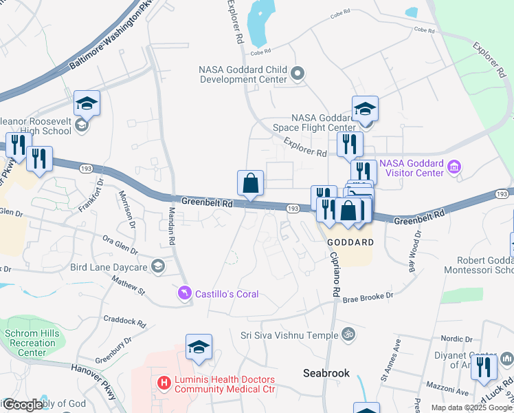 map of restaurants, bars, coffee shops, grocery stores, and more near 8493 Greenbelt Road in Greenbelt
