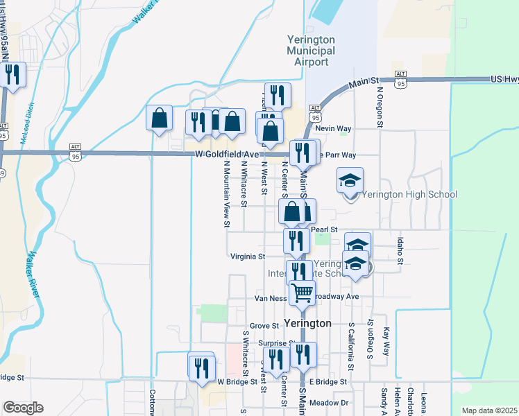 map of restaurants, bars, coffee shops, grocery stores, and more near 221 North West Street in Yerington