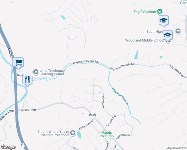 map of restaurants, bars, coffee shops, grocery stores, and more near 2490 Landview Drive in Covington