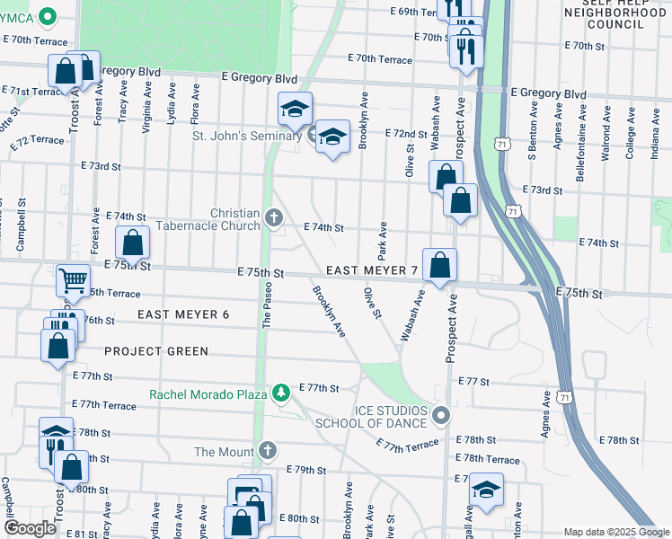 map of restaurants, bars, coffee shops, grocery stores, and more near 2205 East 75th Street in Kansas City