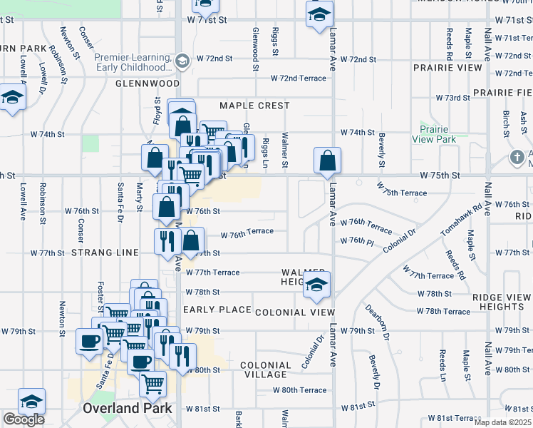 map of restaurants, bars, coffee shops, grocery stores, and more near 6601 West 76th Street in Overland Park