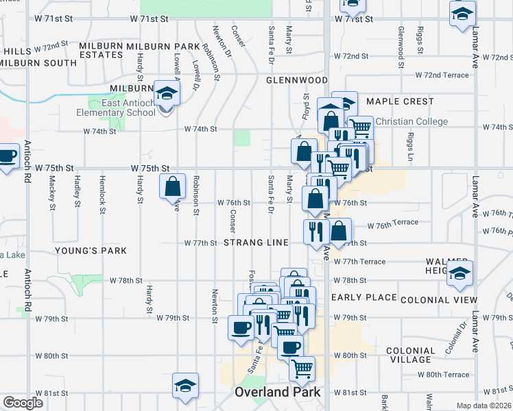 map of restaurants, bars, coffee shops, grocery stores, and more near 7604 Foster Street in Overland Park