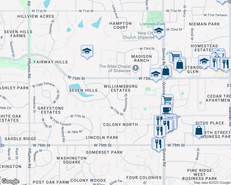 map of restaurants, bars, coffee shops, grocery stores, and more near 7557 Westgate Street in Lenexa