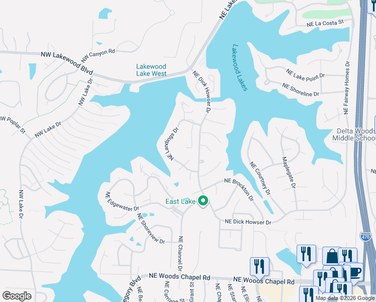 map of restaurants, bars, coffee shops, grocery stores, and more near 213 Northeast Landings Court in Lee's Summit