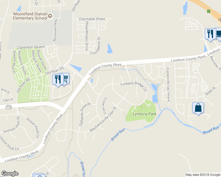 map of restaurants, bars, coffee shops, grocery stores, and more near 43698 Lucketts Bridge Circle in Ashburn