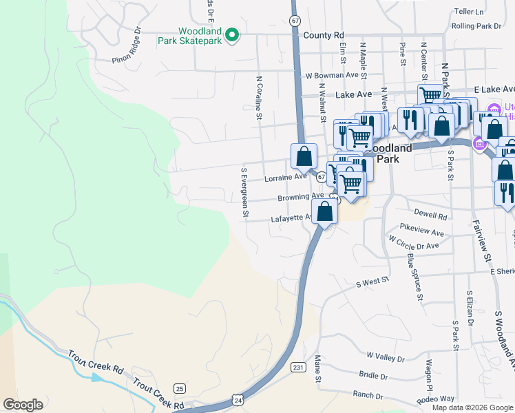 map of restaurants, bars, coffee shops, grocery stores, and more near 914 Lafayette Avenue in Woodland Park