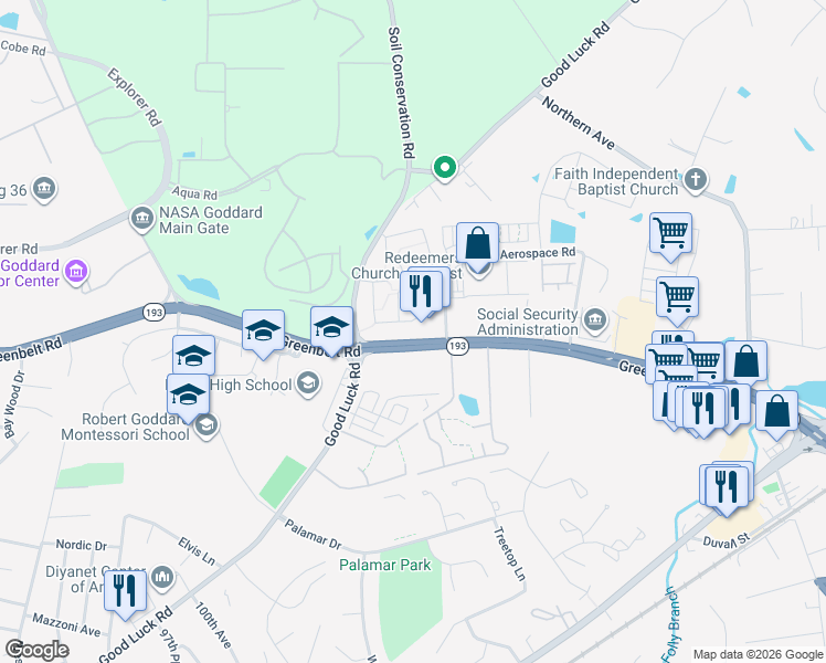 map of restaurants, bars, coffee shops, grocery stores, and more near 9936 Greenbelt Road in Lanham