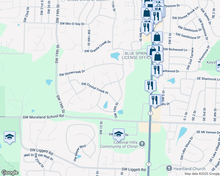 map of restaurants, bars, coffee shops, grocery stores, and more near 1203 Southwest Crystal Creek Place in Blue Springs