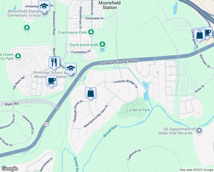 map of restaurants, bars, coffee shops, grocery stores, and more near 43695 Lucketts Bridge Circle in Ashburn