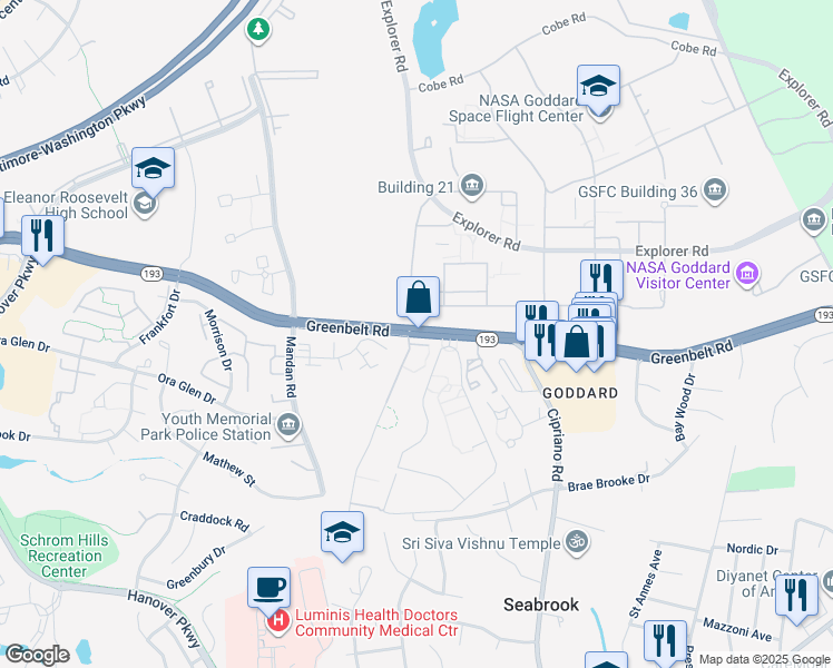 map of restaurants, bars, coffee shops, grocery stores, and more near 8400 Greenbelt Road in Greenbelt