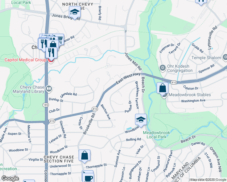 map of restaurants, bars, coffee shops, grocery stores, and more near 3303 Brooklawn Terrace in Chevy Chase