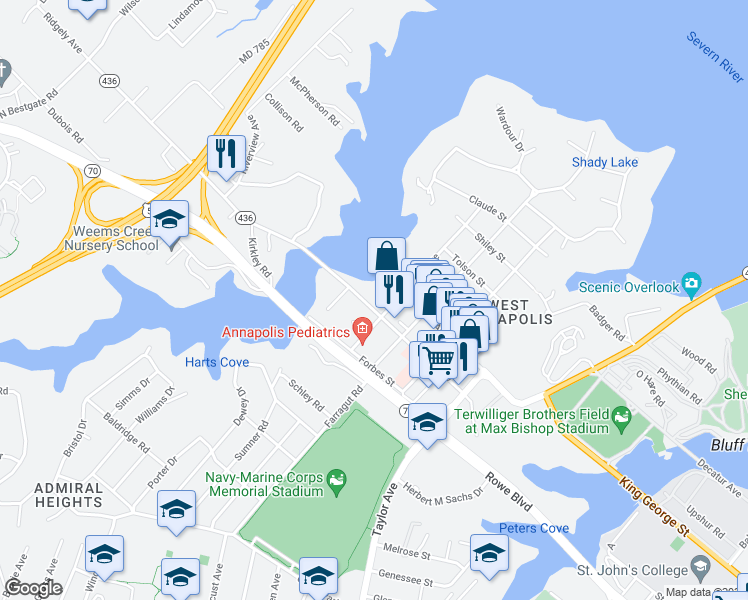 map of restaurants, bars, coffee shops, grocery stores, and more near 390 Ridgely Avenue in Annapolis