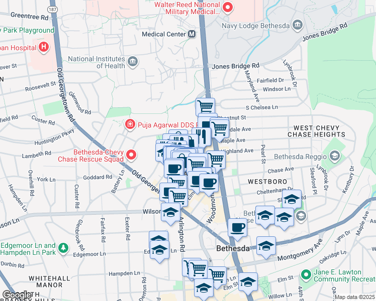map of restaurants, bars, coffee shops, grocery stores, and more near 4827 Rugby Avenue in Bethesda