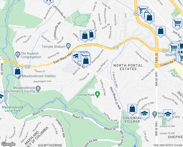 map of restaurants, bars, coffee shops, grocery stores, and more near 8204 Grubb Road in Chevy Chase
