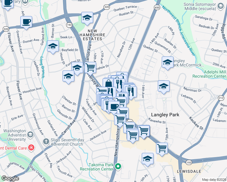 map of restaurants, bars, coffee shops, grocery stores, and more near 8020 New Hampshire Avenue in Hyattsville
