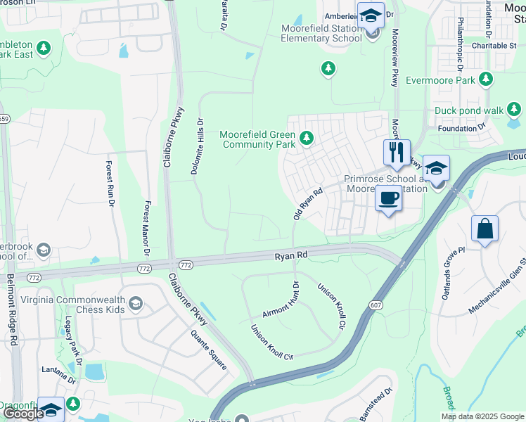 map of restaurants, bars, coffee shops, grocery stores, and more near 43040 La Riva Drive in Ashburn