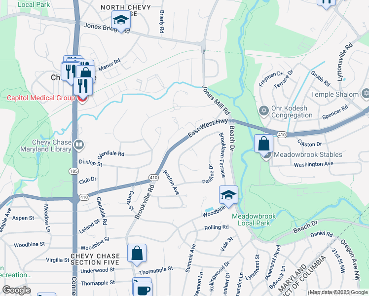 map of restaurants, bars, coffee shops, grocery stores, and more near 3303 Brooklawn Terrace in Chevy Chase