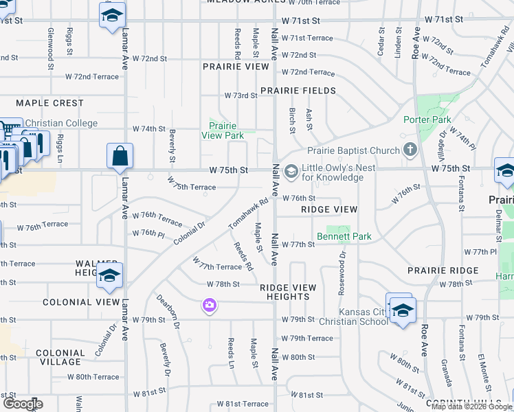 map of restaurants, bars, coffee shops, grocery stores, and more near 7333 Maple Street in Prairie Village
