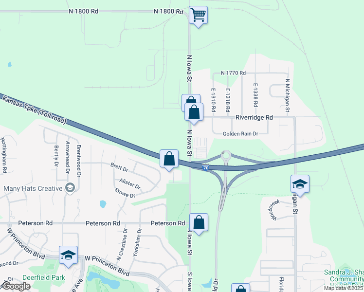 map of restaurants, bars, coffee shops, grocery stores, and more near 411 North Iowa Street in Lawrence
