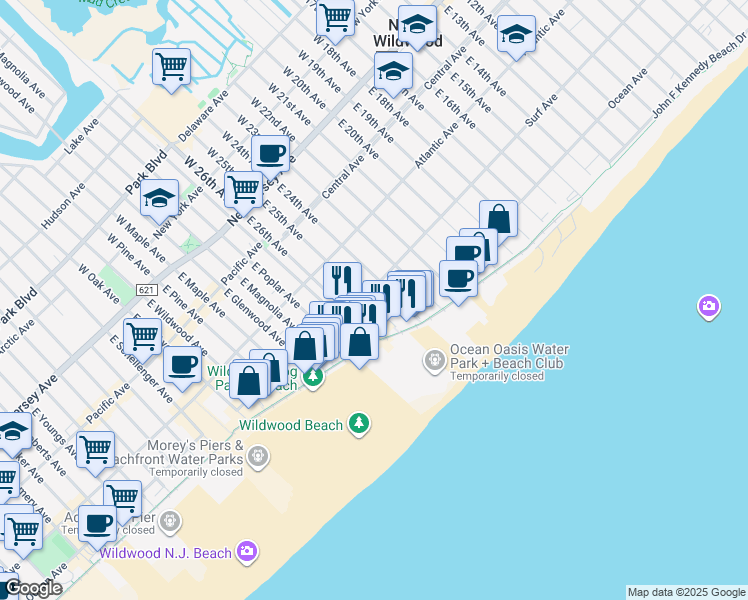 map of restaurants, bars, coffee shops, grocery stores, and more near 411 East 26th Avenue in North Wildwood