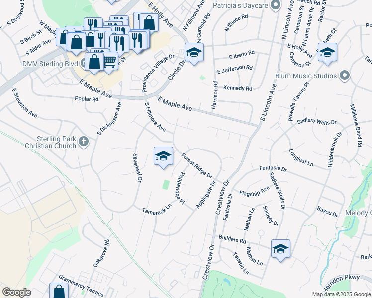 map of restaurants, bars, coffee shops, grocery stores, and more near 105 Deerwood Court in Sterling