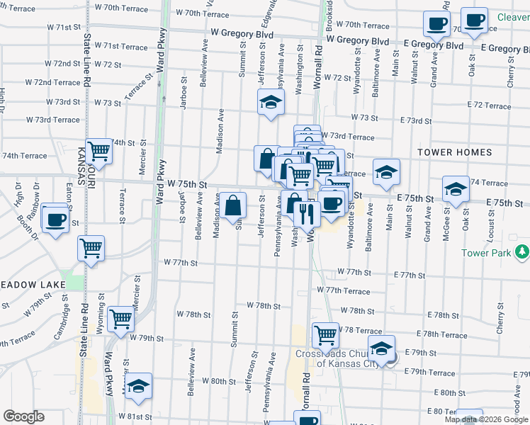 map of restaurants, bars, coffee shops, grocery stores, and more near 7529 Jefferson Street in Kansas City