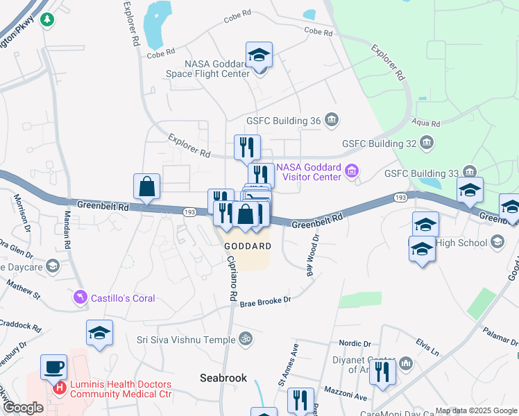 map of restaurants, bars, coffee shops, grocery stores, and more near 8800 Greenbelt Road in Greenbelt
