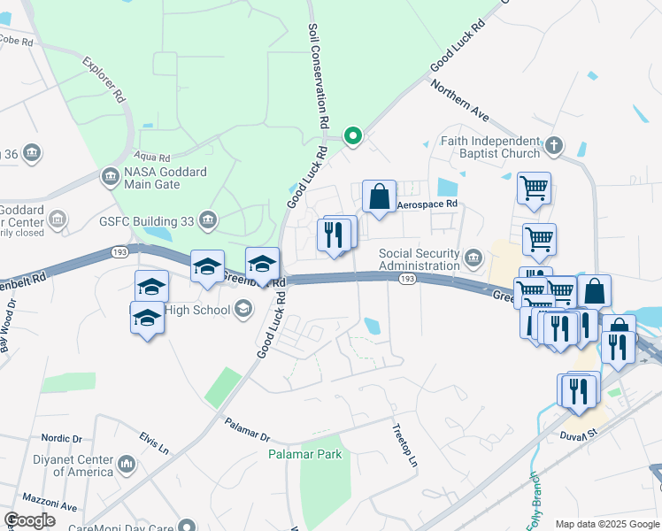 map of restaurants, bars, coffee shops, grocery stores, and more near 9900 Greenbelt Road in Lanham