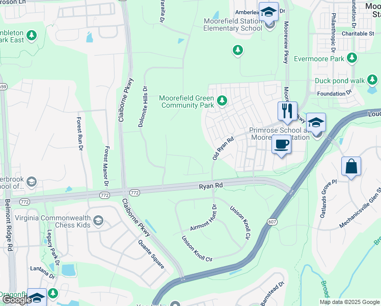 map of restaurants, bars, coffee shops, grocery stores, and more near 43040 La Riva Drive in Ashburn