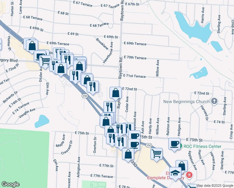 map of restaurants, bars, coffee shops, grocery stores, and more near 7215 Raytown Road in Raytown