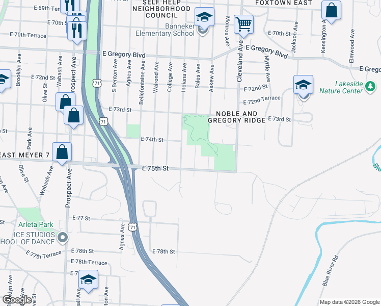 map of restaurants, bars, coffee shops, grocery stores, and more near 7427 Bales Avenue in Kansas City