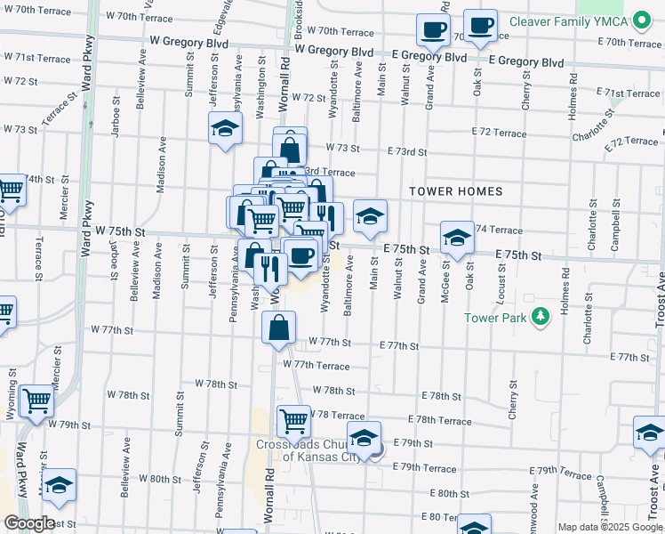map of restaurants, bars, coffee shops, grocery stores, and more near 7533 Wyandotte Street in Kansas City