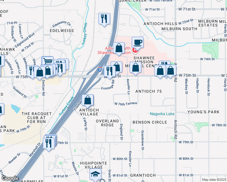 map of restaurants, bars, coffee shops, grocery stores, and more near 7601 Hayes Street in Overland Park