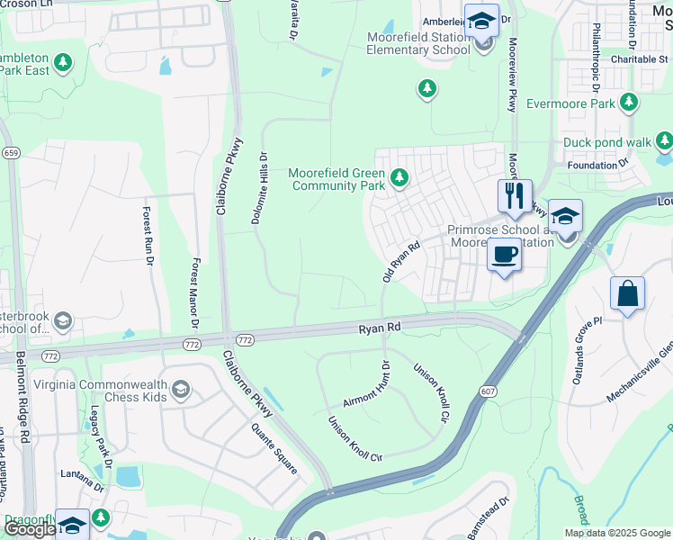map of restaurants, bars, coffee shops, grocery stores, and more near 43032 La Riva Drive in Ashburn