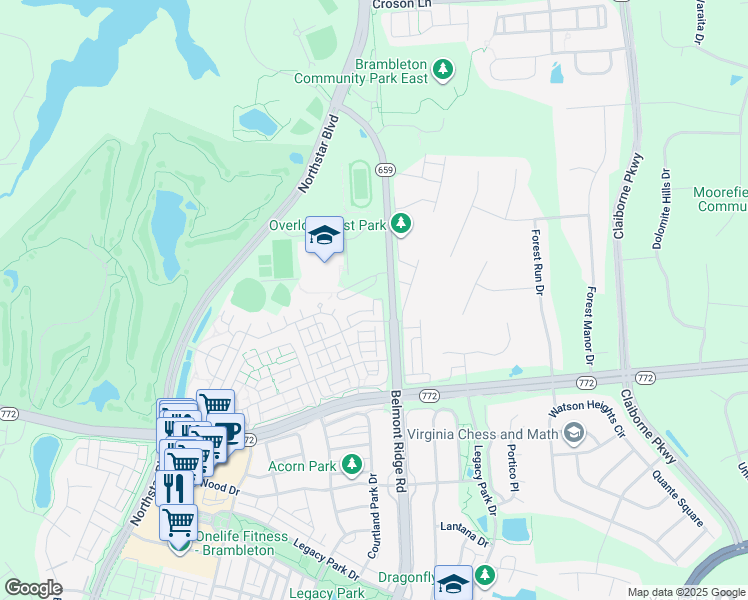 map of restaurants, bars, coffee shops, grocery stores, and more near 22625 Settlers Trail Terrace in Ashburn
