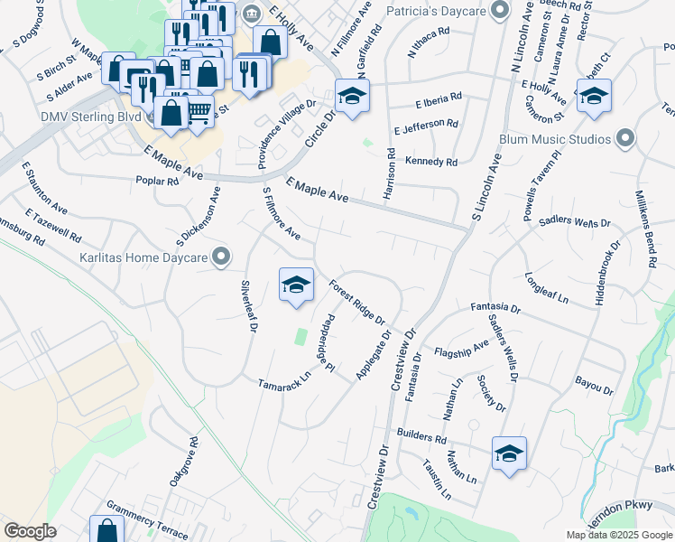 map of restaurants, bars, coffee shops, grocery stores, and more near 105 Deerwood Court in Sterling