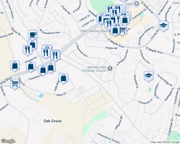 map of restaurants, bars, coffee shops, grocery stores, and more near 318 Williamsburg Road in Sterling