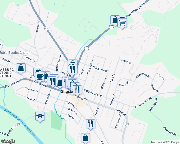 map of restaurants, bars, coffee shops, grocery stores, and more near 364 Stonewall Street in Strasburg