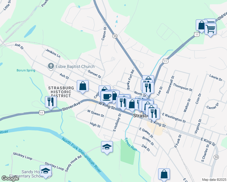 map of restaurants, bars, coffee shops, grocery stores, and more near 253 North Fort Street in Strasburg