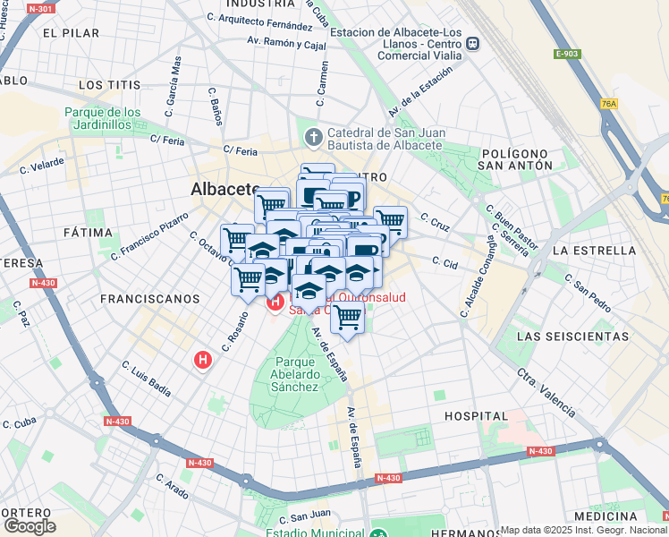 map of restaurants, bars, coffee shops, grocery stores, and more near 8 Calle Dionisio Guardiola in Albacete