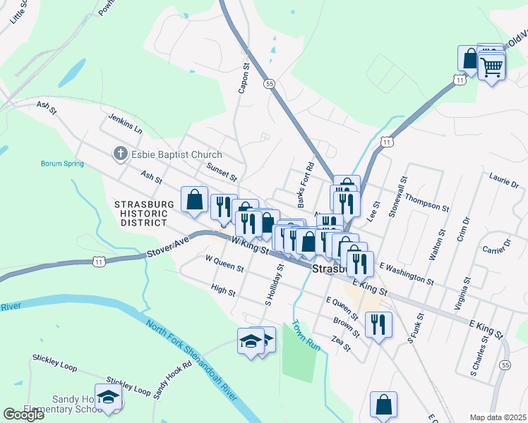 map of restaurants, bars, coffee shops, grocery stores, and more near 253 North Fort Street in Strasburg