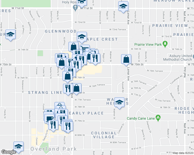 map of restaurants, bars, coffee shops, grocery stores, and more near 6720 West 76th Street in Overland Park