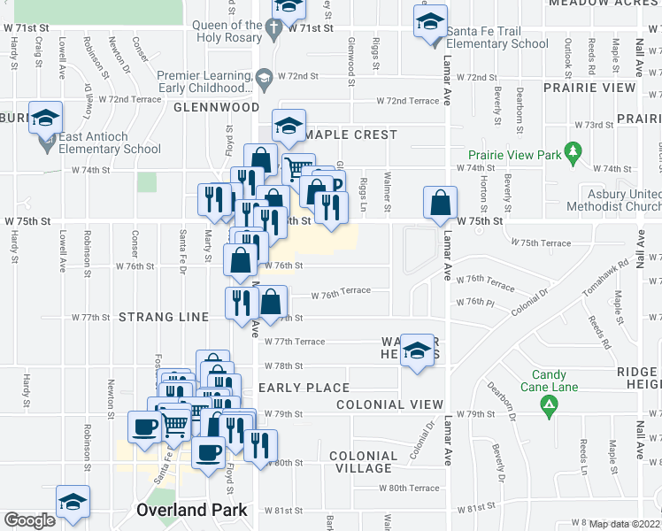 map of restaurants, bars, coffee shops, grocery stores, and more near 6738 West 76th Street in Overland Park