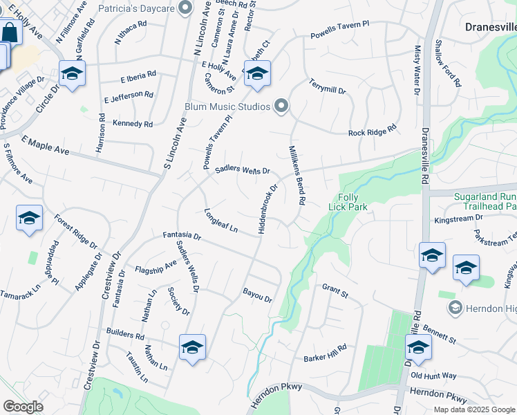 map of restaurants, bars, coffee shops, grocery stores, and more near 1548 Hiddenbrook Drive in Herndon