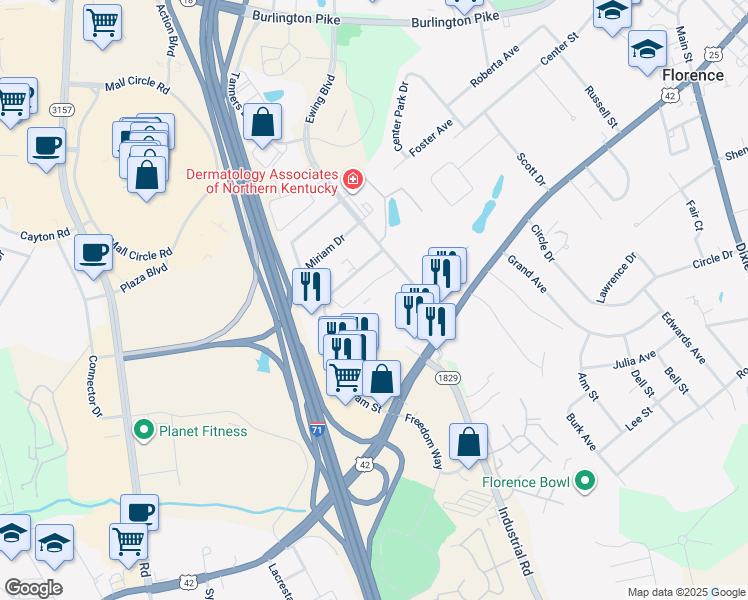 map of restaurants, bars, coffee shops, grocery stores, and more near 7665 Ewing Boulevard in Florence