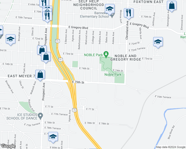 map of restaurants, bars, coffee shops, grocery stores, and more near 7417 College Avenue in Kansas City
