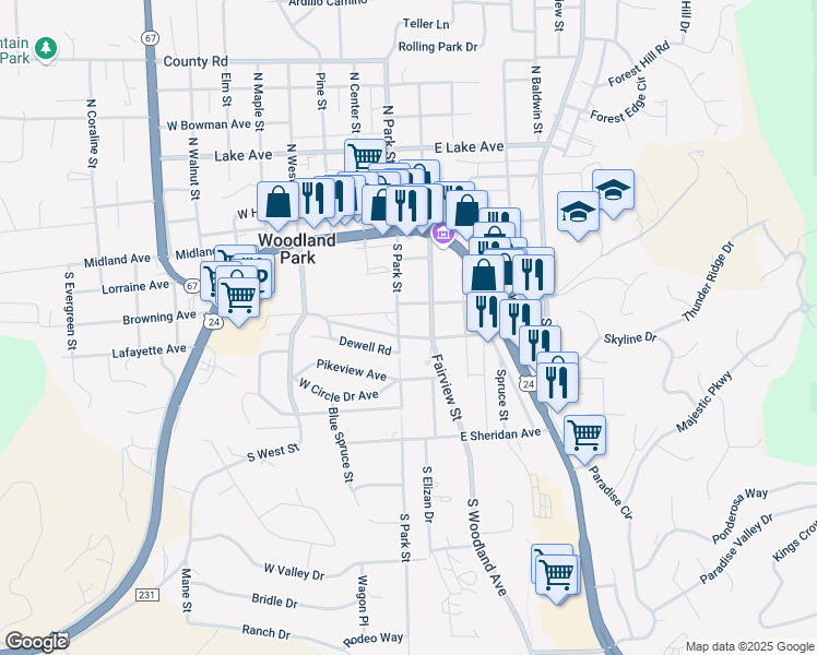 map of restaurants, bars, coffee shops, grocery stores, and more near 109 East Chester Avenue in Woodland Park