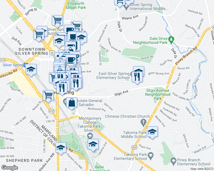 map of restaurants, bars, coffee shops, grocery stores, and more near 730 Silver Spring Avenue in Silver Spring