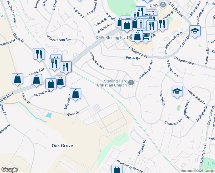 map of restaurants, bars, coffee shops, grocery stores, and more near 318 Williamsburg Road in Sterling